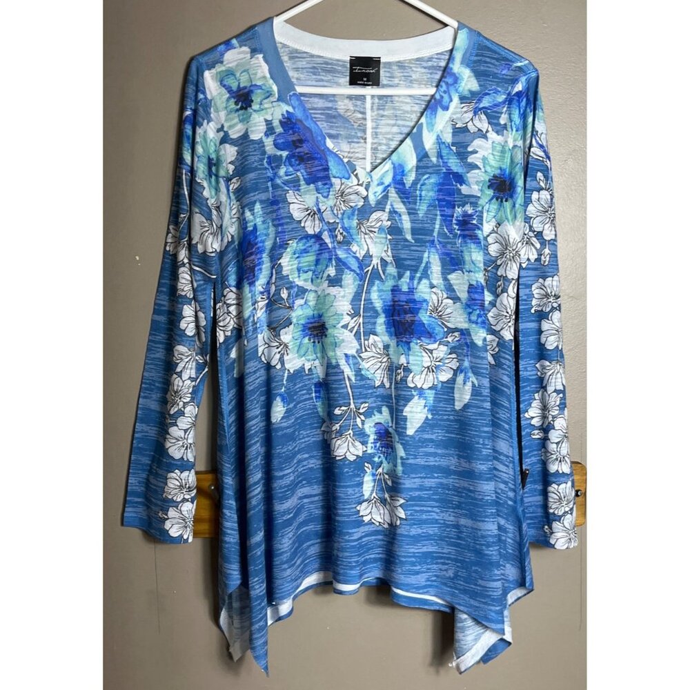 Inoah Art to Wear Top Blue Bold Floral Knit Handkerchief Lightweight Tunic Wom M - Picture 5 of 7